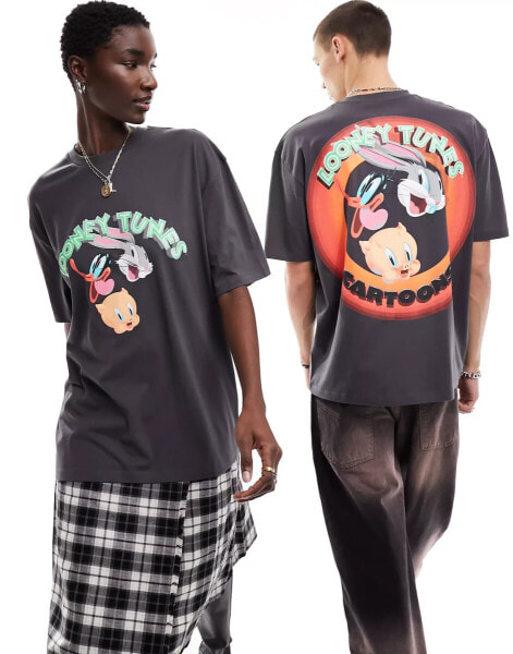 ASOS DESIGN unisex oversized license tee with Looney Tunes back print in charcoal