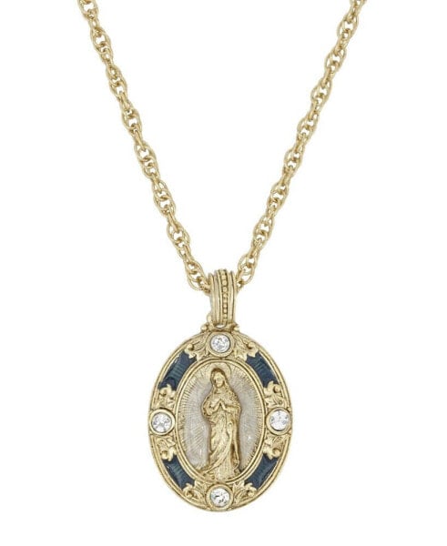 14K Gold-Dipped Crystal Blue Enamel Virgin Mary Pendant 18" Necklace