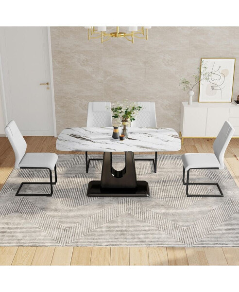 Table and chair set, modern and minimalist dining table, imitation marble patterned tabletop, MDF legs with U-shaped brackets. Paired with comfortable chairs, suitable for dining and living rooms.