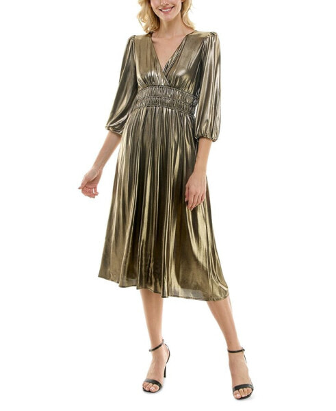 Women's 3/4-Sleeve Smocked-Waist Midi Dress