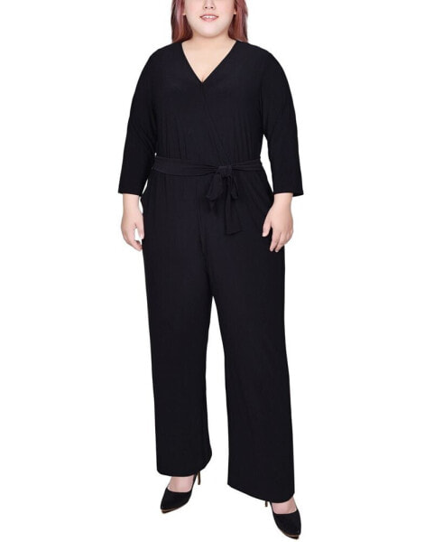 Plus Size 3/4 Sleeve Belted Jumpsuit