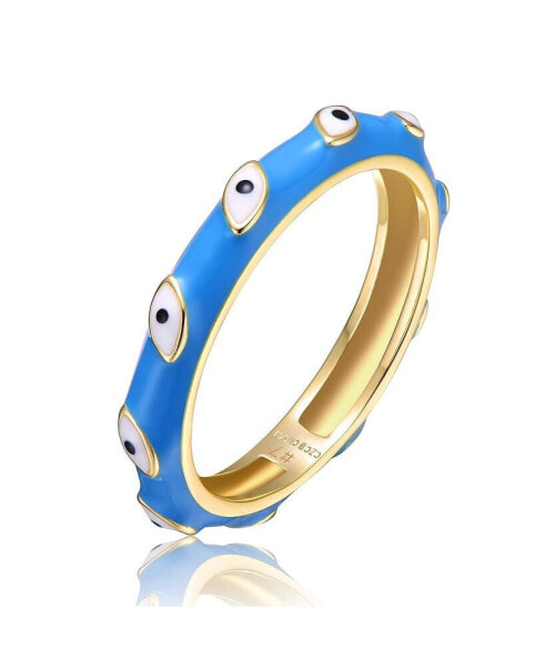 RA Young Adults/Teens 14k Yellow Gold Plated Blue Bamboo White Evil Eye Enamel Slim Stacking Band Ring