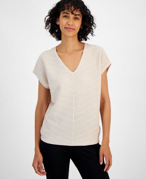 Women's V-Neck Pointelle Cap-Sleeve Sweater
