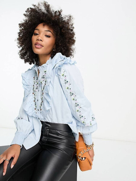 Y.A.S embroidered detail frill shirt in blue