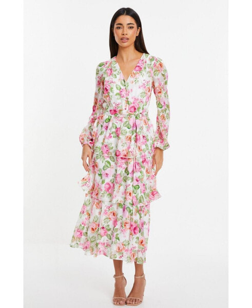 Women's Floral Chiffon Jacquard Button Detail Dress