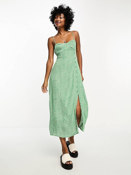 Only button down side midi dress in green micro leo print