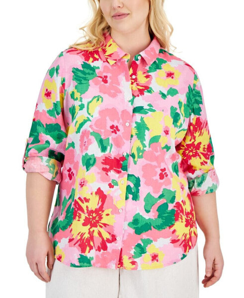 Plus Size Linen Floral-Print Roll-Tab Shirt, Created for Macy's