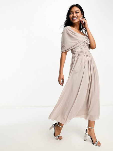 Little Mistress Bridesmaids bardot gathered midi dress in mesh in mink