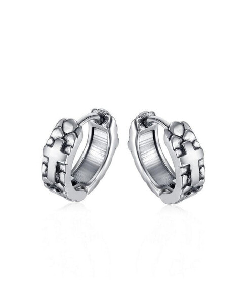 Stainless Steel Oxidized Pebbled Cross Huggie Hoop Earrings