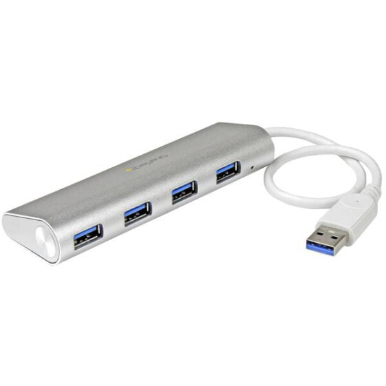 StarTech.com 4-Port Portable USB 3.0 Hub with Built-in Cable - USB 3.2 Gen 1 (3.1 Gen 1) Type-A - USB 3.2 Gen 1 (3.1 Gen 1) Type-A - 5000 Mbit/s - Silver,White - Aluminum - Plastic - Power