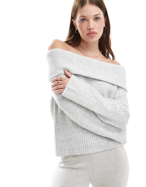 New Look ribbed bardot jumper in grey