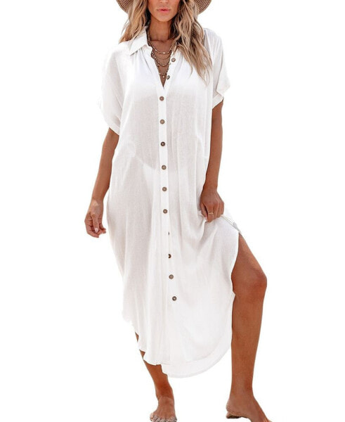 Women's White Collared Button Up Cover-Up Beach Dress