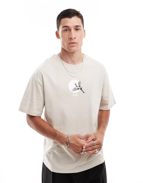 Jack & Jones oversized t-shirt with crane chest print in beige