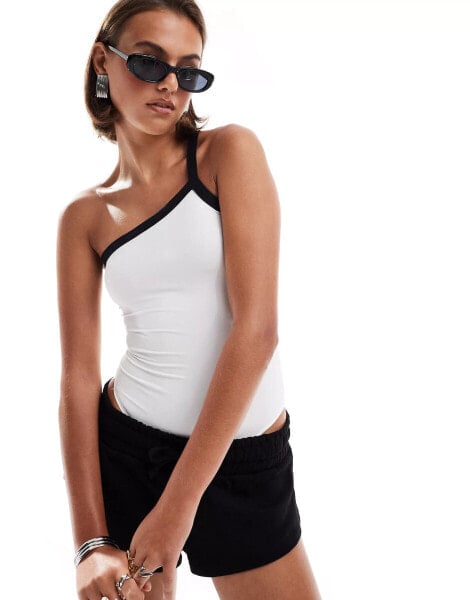 Pull&Bear polyamide one shoulder contrast bodysuit in white