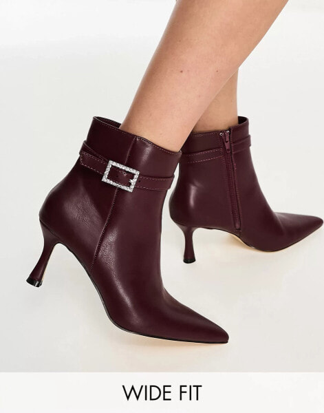 Glamorous Wide Fit rhinestone buckle mid heel ankle boots in oxblood