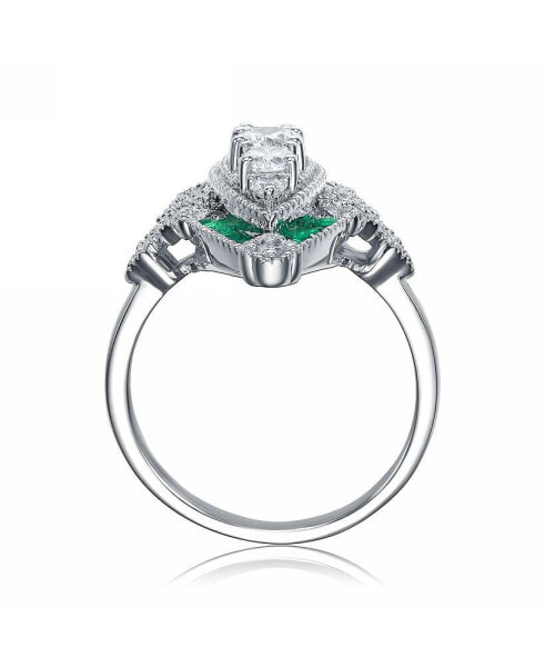 Sterling Silver White Gold Plated Green Baguette and Round Cubic Zirconia Classic Ring