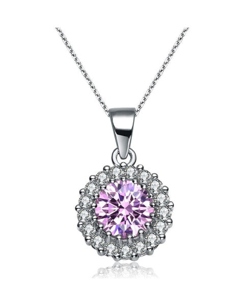 Sterling Silver Cubic Zirconia and Light Purple Glass Round Necklace