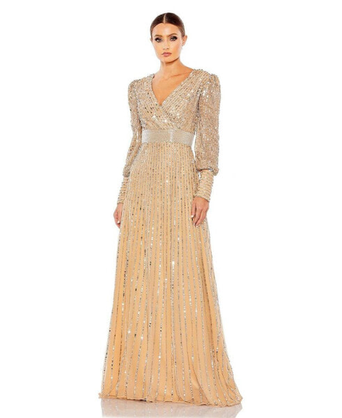 Women's Sequined Wrap Over Bishop Sleeve Gown