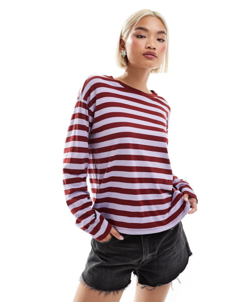 Monki long sleeve top in red and purple stripes