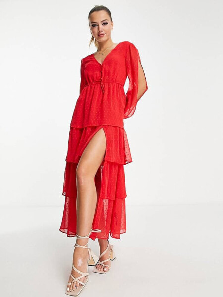 Miss Selfridge chiffon dobby tiered maxi dress in red