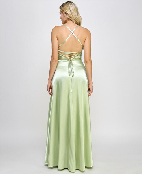 Juniors' Satin Front-Slit Lace-Up Gown, Created for Macy's