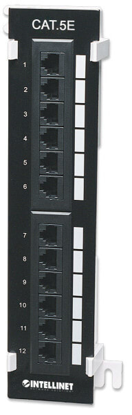 Intellinet Patch Panel - Cat5e - Wall-mount - UTP - 12-Port - Black - IEEE 802.3 - IEEE 802.3ab - IEEE 802.3u - 10/100/1000BASE-T(X) - Gigabit Ethernet - Cat5e - Cat6a - Black - Rack mounting