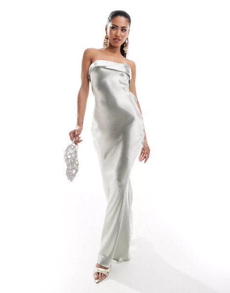 In The Style exclusive liquid satin bandeau cut out back maxi dress in grey