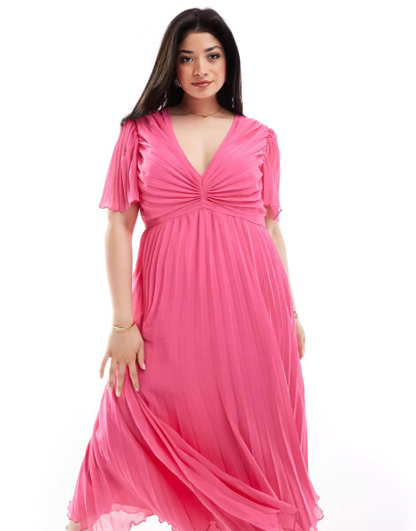 ASOS DESIGN Curve pleated bodice flutter sleeve pleat midi dress in hot pink