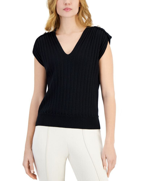 Women's V-Neck Ribbed Button-Shoulder Cap-Sleeve Sweater