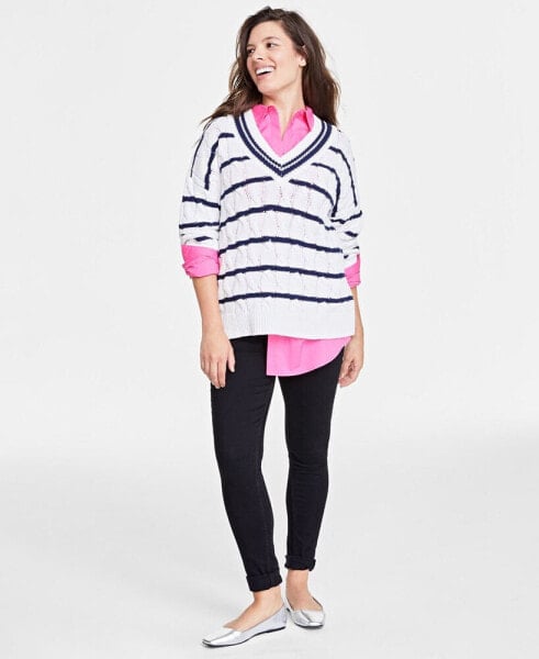 Women's V-Neck Cable-Knit Rugby Sweater, Created for Macy's