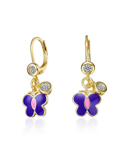 14k Yellow Gold Plated Butterfly Dangling earrings with Amethyst Enamel and Clear Cubic Zirconia for Kids
