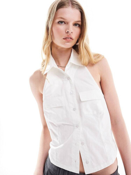 COLLUSION poplin halter cropped shirt in white