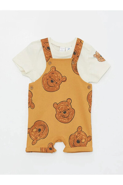 Kare Yaka Winnie the Pooh Baskılı Erkek Bebek Salopet ve Tişört 2'li