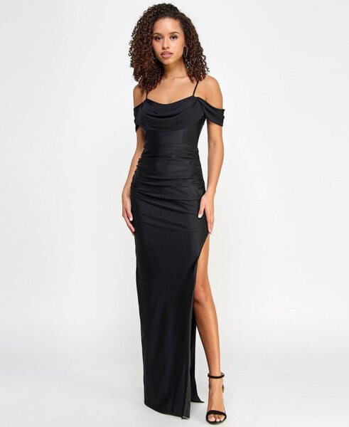 City Studio Juniors' Drape Off-The-Shoulder Side-Slit Gown