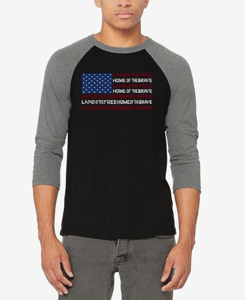 Men's Raglan Baseball 3/4 Sleeve Land of The Free American Flag Word Art T-shirt