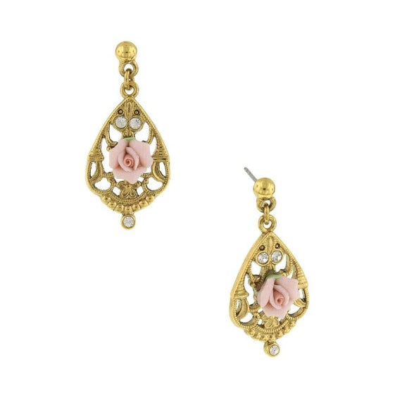 Gold-Tone Crystal and Pink Porcelain Rose Filigree Drop Earrings