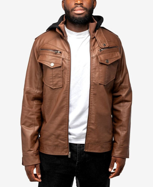 Men's Grainy Polyurethane Hooded Jacket with Faux Shearling Lining