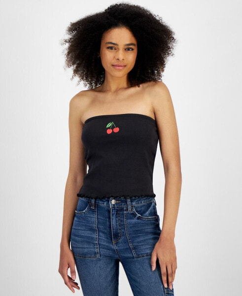Juniors' Cherry Graphic Ribbed Tube Top