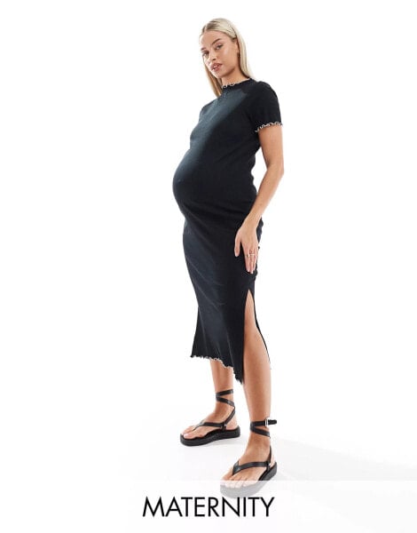 Mamalicious Maternity – Jersey-Midikleid in Schwarz mit Kräuselsaum, Umstandsmode