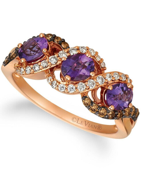 Grape Amethyst™ (3/4 ct.t.w.), Nude Diamonds™ (1/5 ct.t.w.), and Chocolate Diamonds® (1/4 ct.t.w.) Three Stone Ring set in 14k rose gold