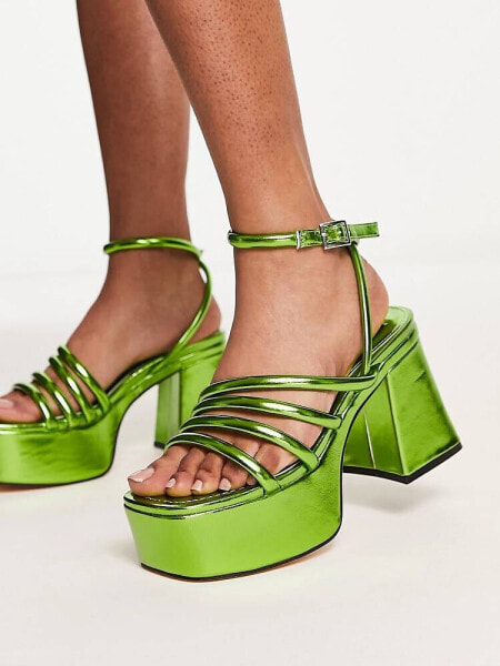 Shelly's London Regina mid heel sandals in green metallic - exclusive to ASOS 