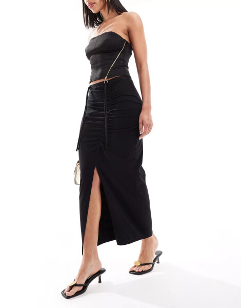 Threadbare ruched maxi skirt in black