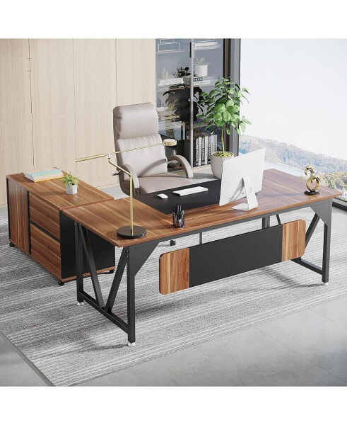 70.8" Executive Desk with 35.4" File Cabinet Combo, Industrial L-Shaped Computer Desk, Extra Large Workstation with Drawers and Open Storage, Business Furniture Set for Home Office