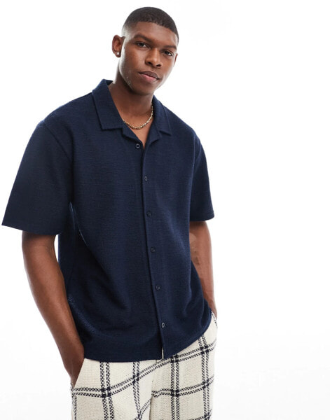 Threadbare textured shirt with revere collar in navy