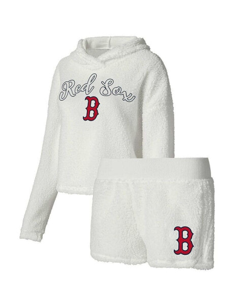 Women's Cream Boston Red Sox Fluffy Hoodie Top and Shorts Sleep Set
