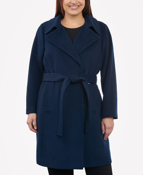 Women's Plus Size Belted Notched-Collar Wrap Coat