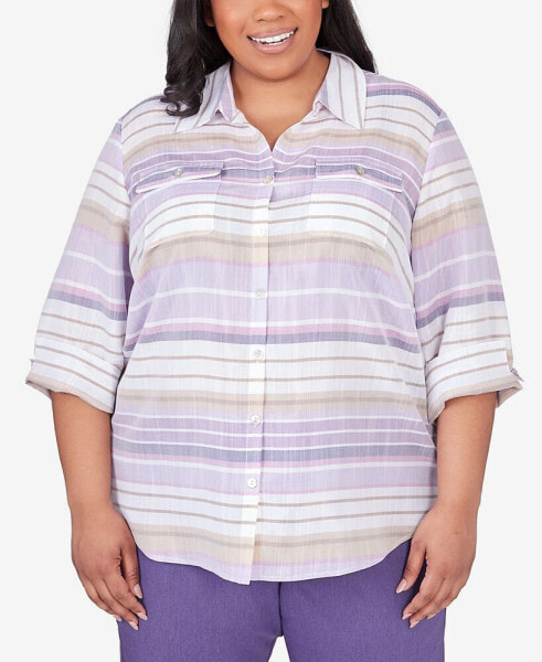 Plus Size Charm School Horizontal Stripe Button Down Top