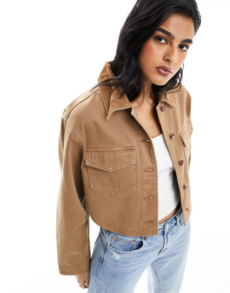 ASOS DESIGN denim cropped jacket with contrast collar in caramel