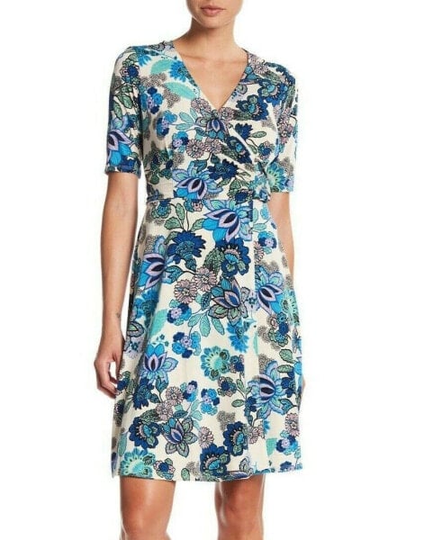 Donna Morgan 156414 Women's Floral Print Faux Wrap Dress Blue Sz. 2 US