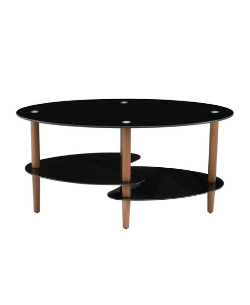 Modern 3-Layer Glass Coffee Table with Oak Wood Legs